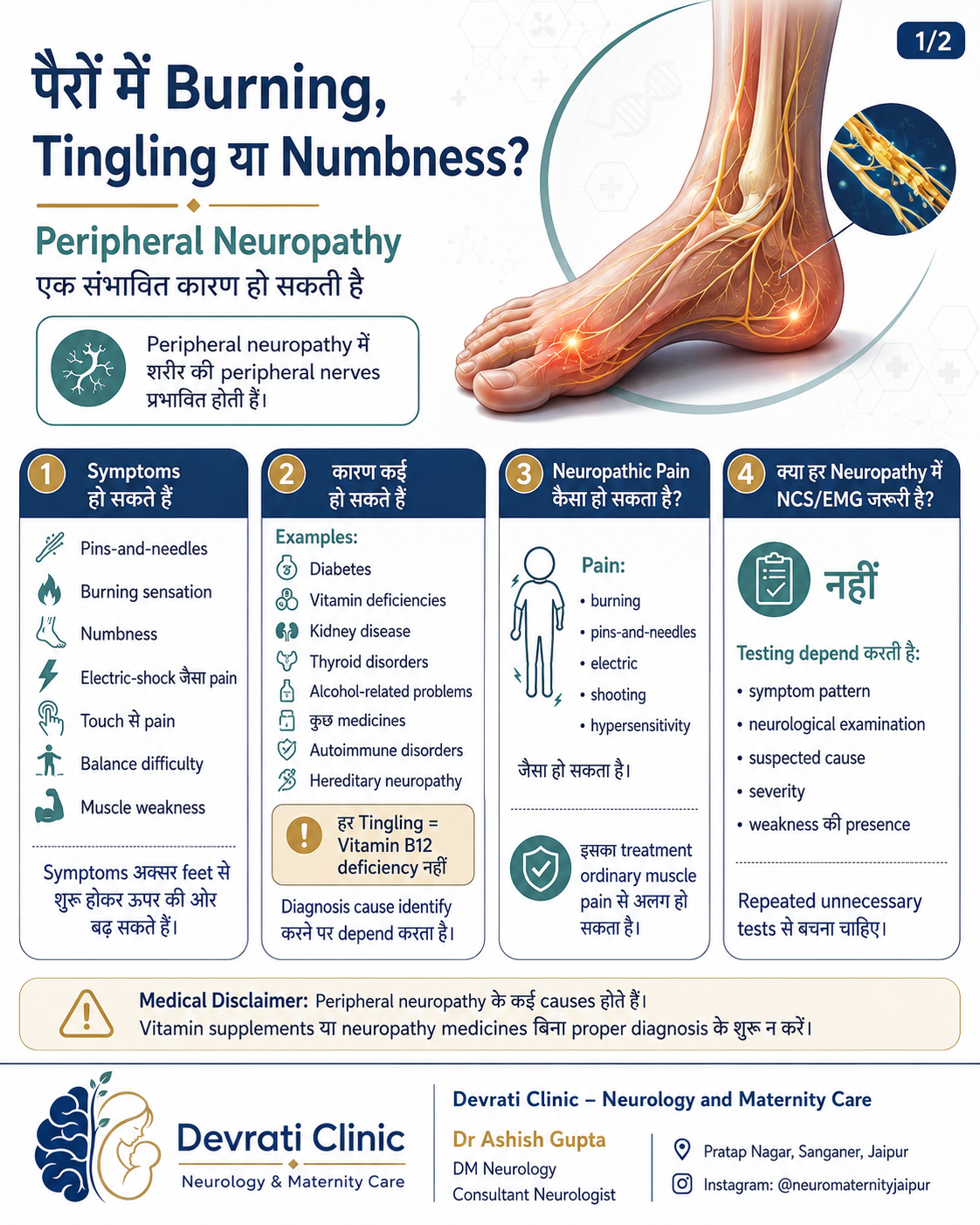 हाथ-पैर में झनझनाहट और सुन्नपन: Peripheral Neuropathy — हिन्दी इन्फोग्राफिक, पृष्ठ 1